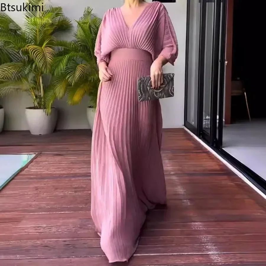 Fashion Maxi Solid Color Pleated Dress Casual V-Neck Loose Pullover Long Dress Ladies Pleated Bat Sleeve High Waist Party Dress