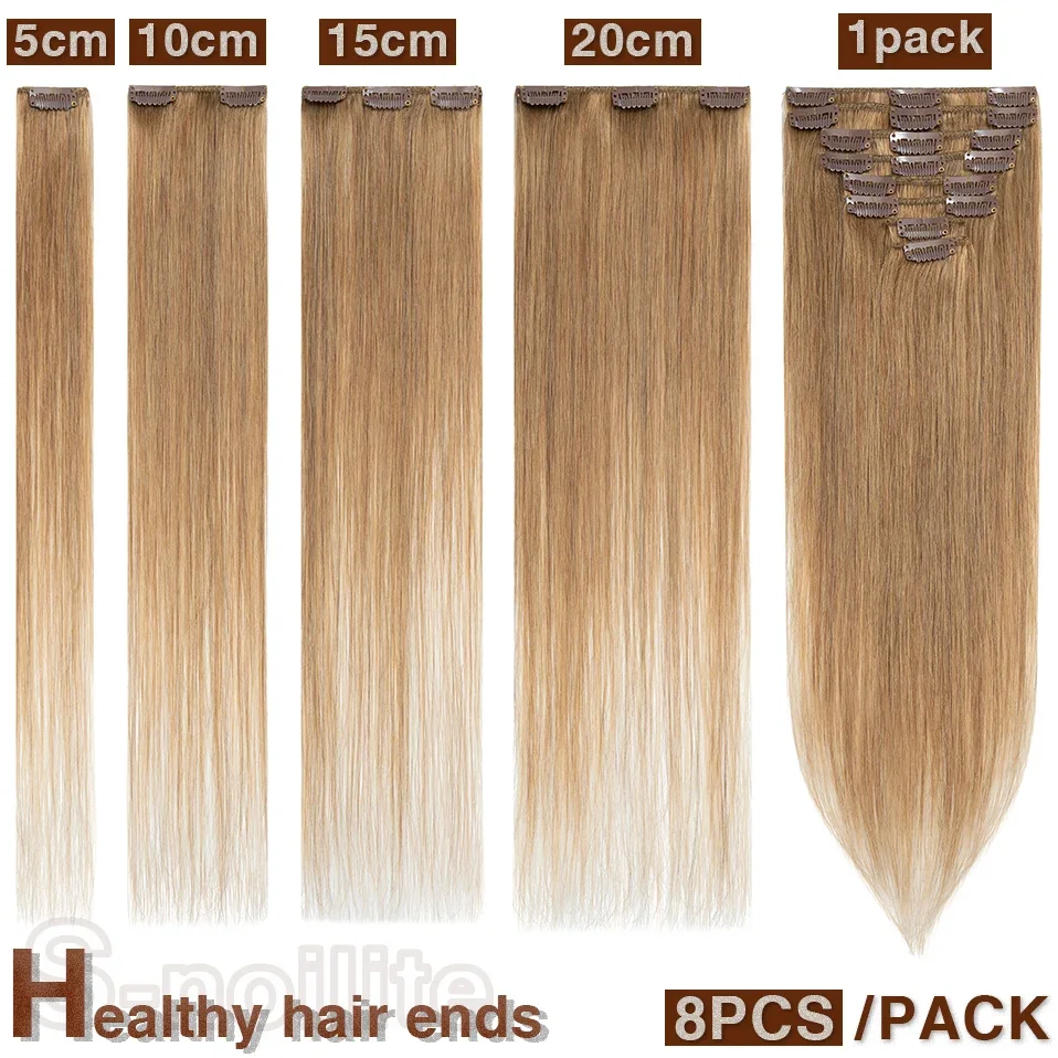 Extensiones de cabello Natural S-noilite, 50-80g, cabello humano liso fino, 8 "-24", 8 unidades/juego, Clip de cabeza completa en Clip de cabello Natural