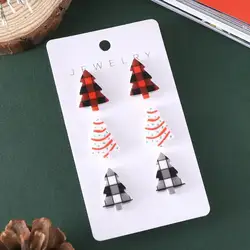 3 Pairs/ Set Christmas Tree Design With Gird Plaid Pattern Stud Earrings Acrylic Jewelry Retro Party Style Adorable Female Gift