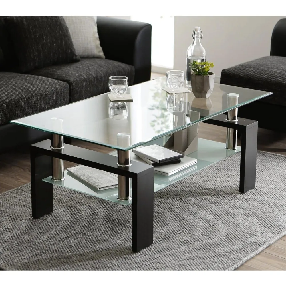 Life Glass Coffee Table,Rectangle Modern Side Coffee Table W Lower Shelf,Perfect for Living Room Conversation Leisure Occasions