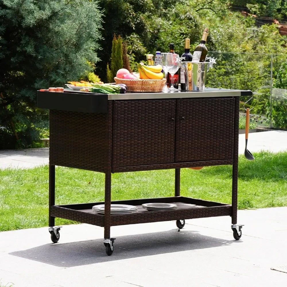 

Outdoor Bar Cart,Wicker Bar Table with Stainless Steel Countertop,Patio Kitchen Island Grill Cart withStorage Cabinet and 4 Hook