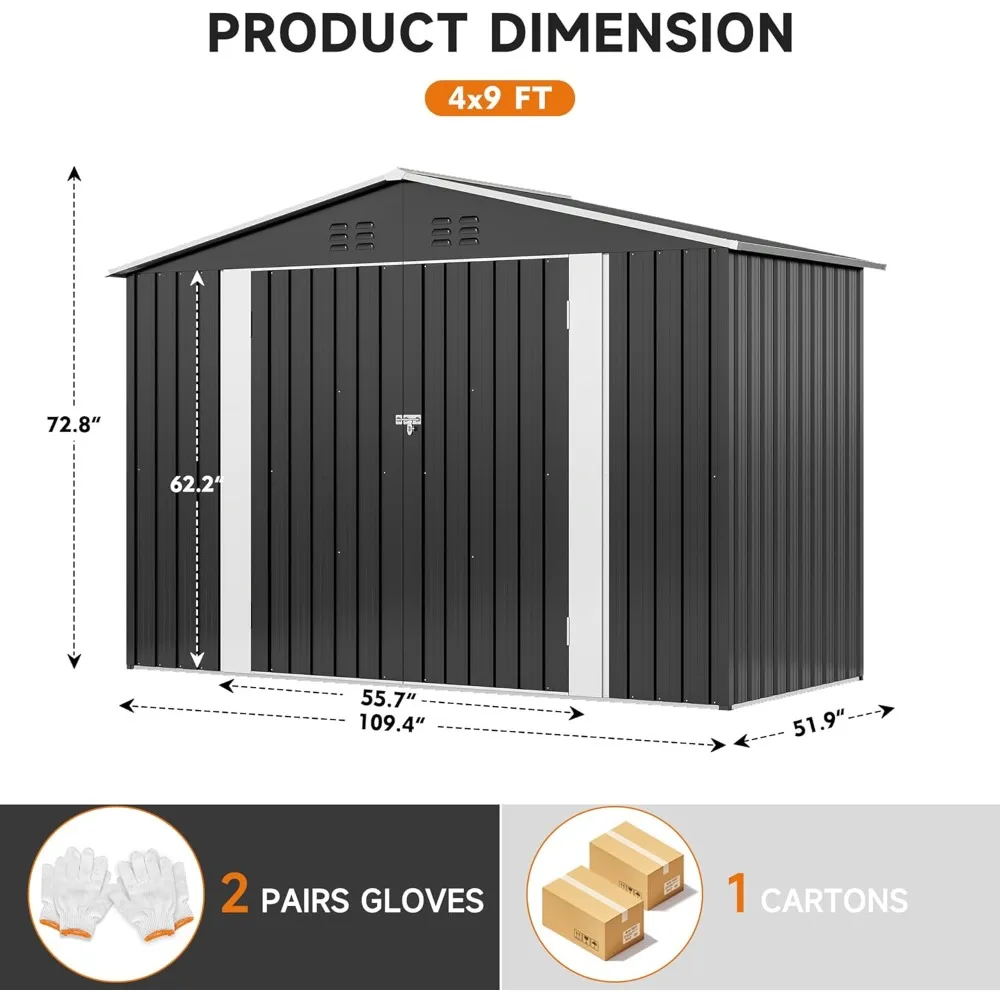 4 x 9 FT Outdoor Storage Shed, Metal Garden Shed with with Updated Frame Structure, Tool Sheds for Backyard Garden Patio Lawn