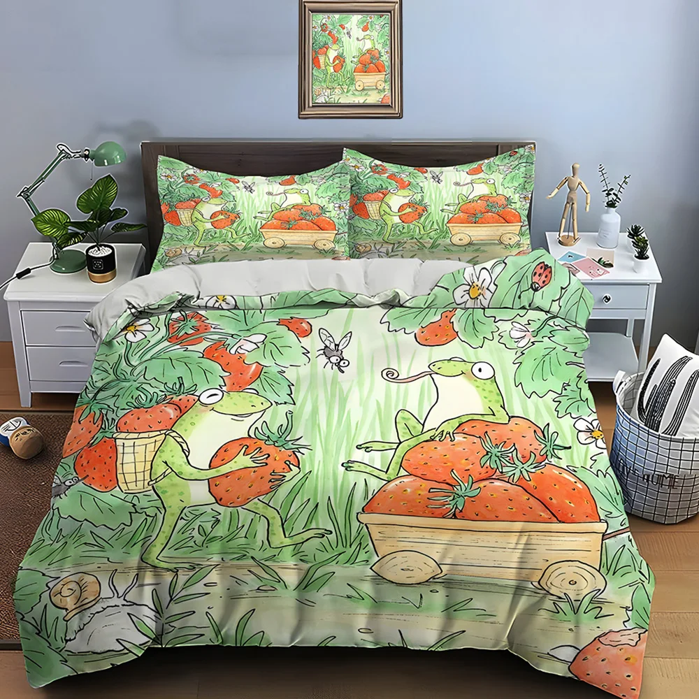 Frogs Gathering Strawberries Bedding Set for Kids Luxury Gift 3pcs Digital Print Comforter Set Soft Comfortable Breathable