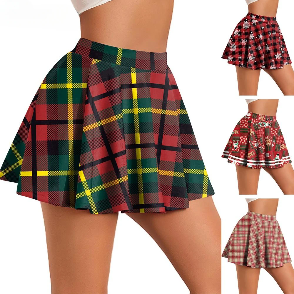 Christmas Pleated Skirt Cosplay Costumes Red Check Snowflake Printed Sexy Low Waist Cheerleaders Knife Pleated Skirt