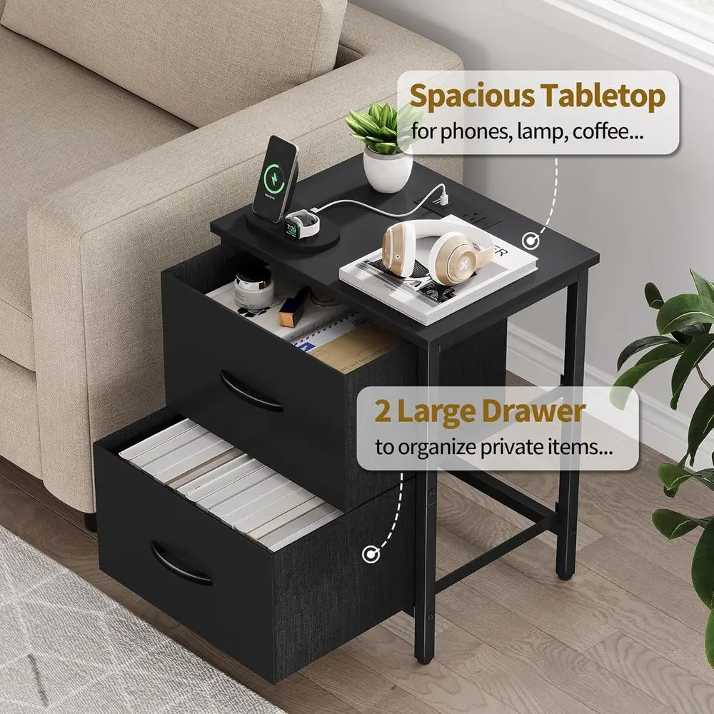 Nightstand Set of 2 with Charging Station, End Table Bedside Table with Power Outlet & USB Ports, Side Table with 2 Fabric Drawe