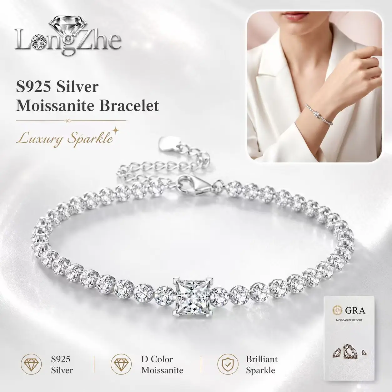 Moissanite Tennis Bracelet, 925 Sterling Silver, Single Row Light Luxury Women's Daily Wear Jewelry