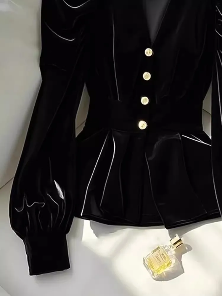 Camisa de manga larga de terciopelo negro para Mujer Y2k cintura delgada Blusas con cuello en V Mujer 2025 principios de primavera nuevas Blusas de un solo pecho