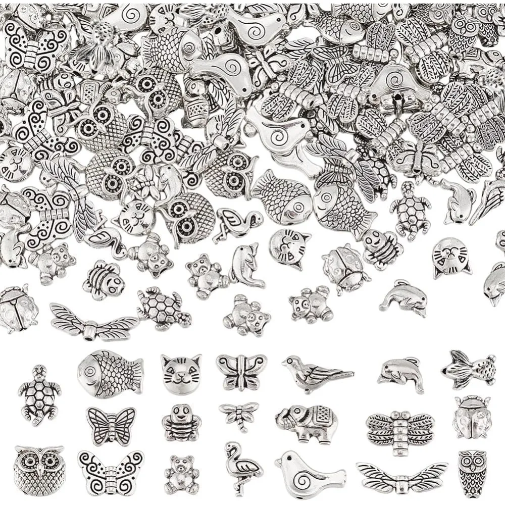 

200PCS 20 Styles Bead Metal Spacer Beads Alloy Butterfly Owl Bird Dragonfly Bees Beads Charms Animal Loose Spacer Bead for DIY