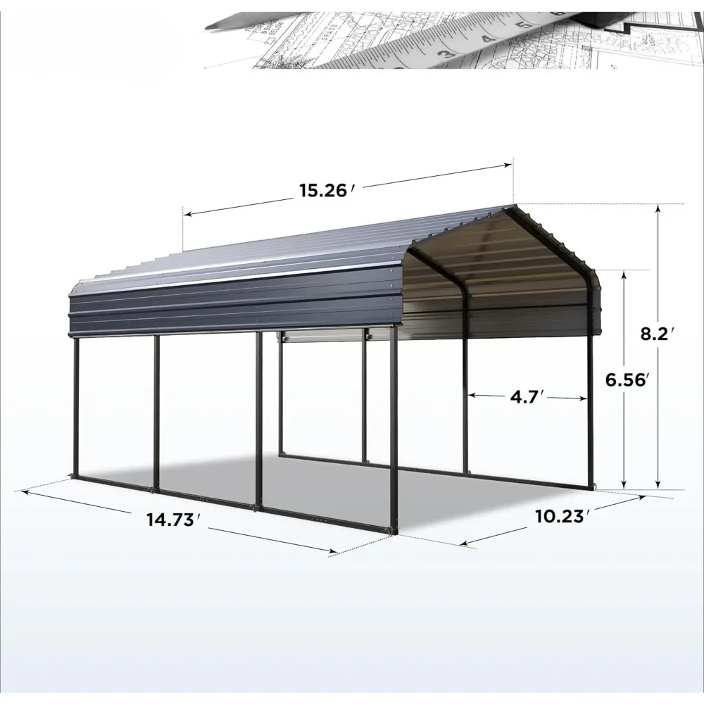 10X15 Ft Carport with Galvanized Steel Roof, Sidewalls Enclosure Kit for Car, Boat, and Tractors, Heavy Duty Sturdy Metal Garage