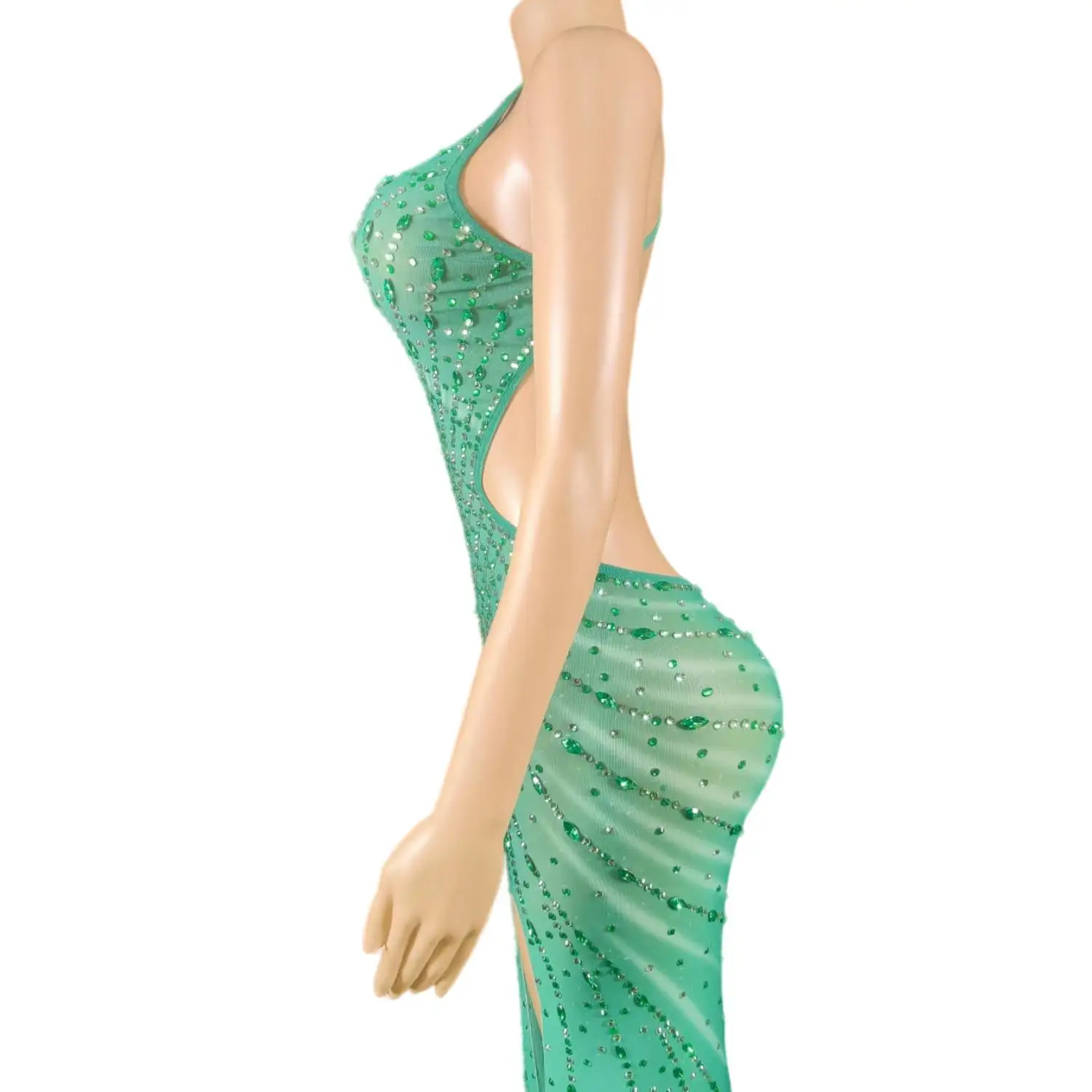 Sparkly Green Crystals Transparent Backless Dresses Sexy Women Evening Birthday Celebrate Outfit Performance Dresses Babagan