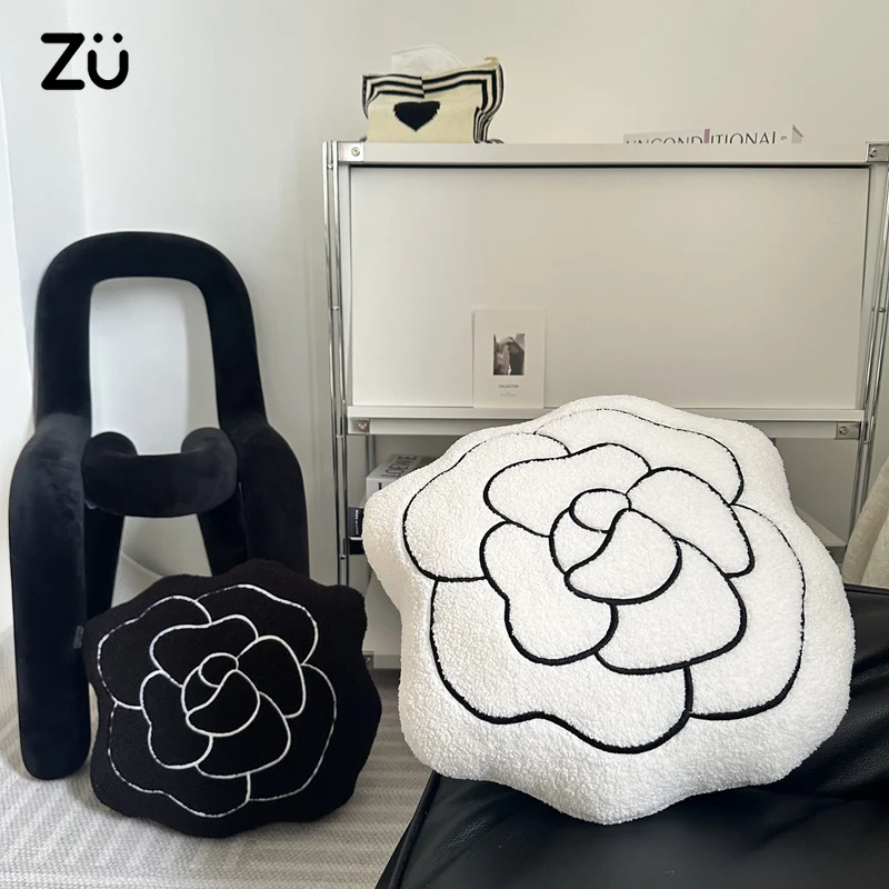 45cm Modern Style Flower Embroidery Plush Pillow Camellia Shaped Throw Pillow Soft Home Room Decor Cushion