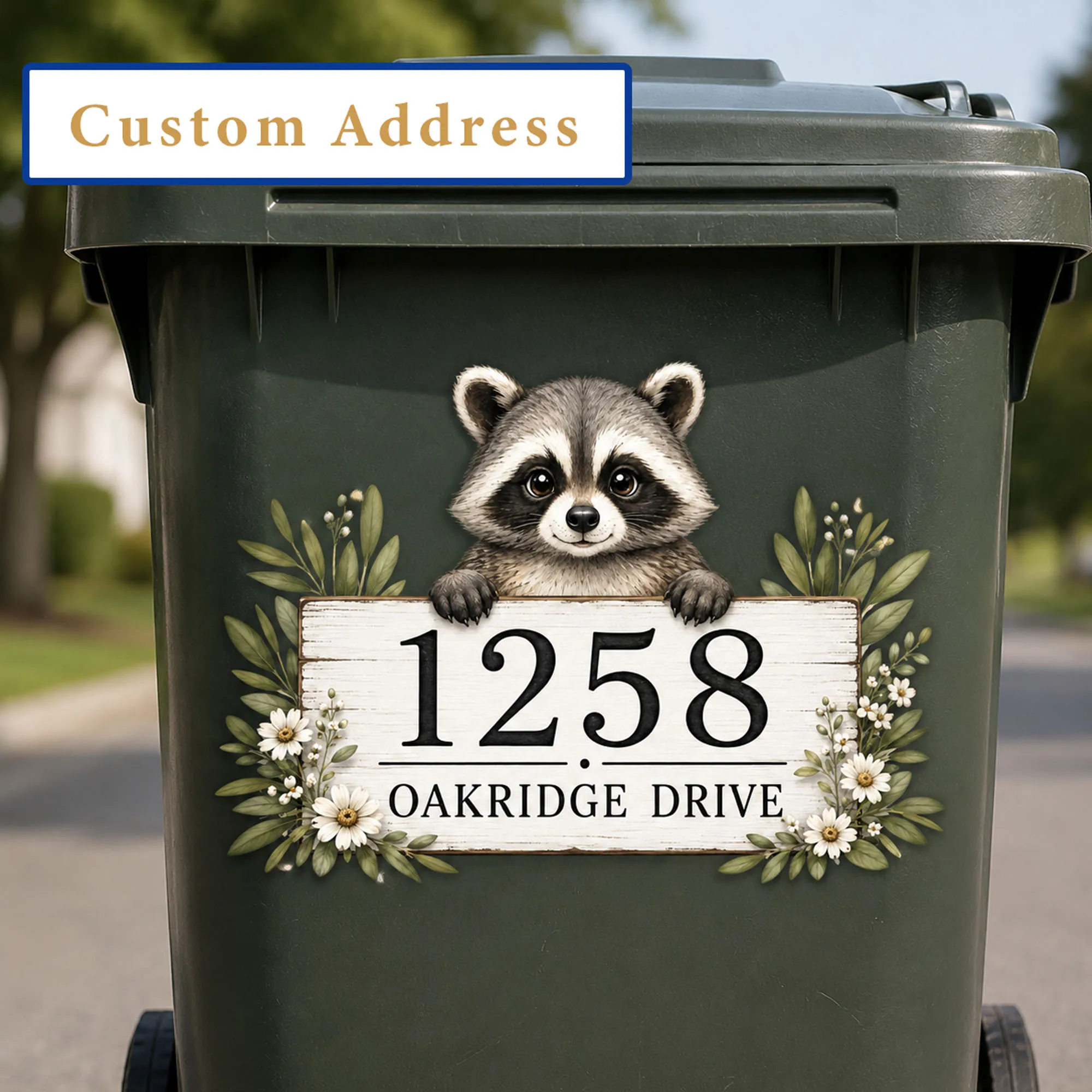Personalized Raccoon Floral Wheelie Bin Address Sticker, Custom House Number Street Name Decal,Waterproof Outdoor Trash Sticker