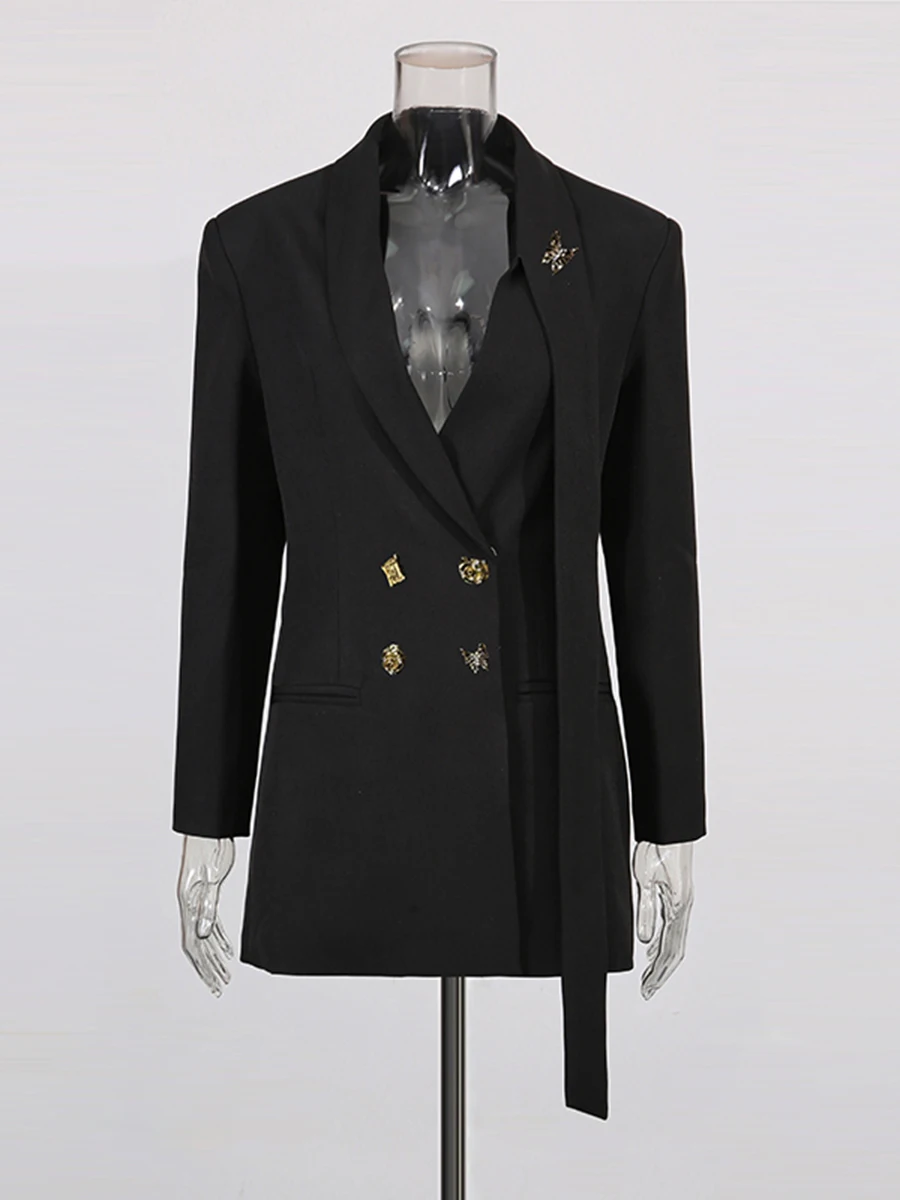 VGH Zwart Office Chic Patchwork Metalen Pin Jas voor Vrouwen Revers Lange Mouw Gesplitst Double Breasted Temperament Blazer Vrouwelijke Nieuw