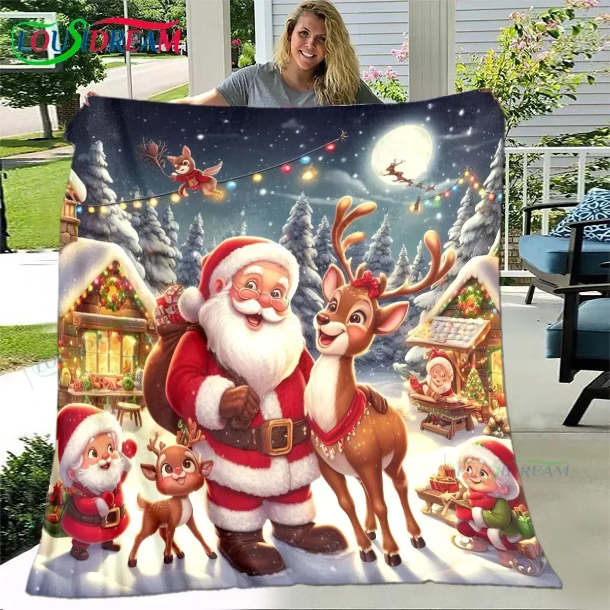 Natal Papai Noel impresso flanela cobertor macio, cobertor de piquenique portátil, apto para sala de estar, quarto, sofá, cama, presente de ano novo