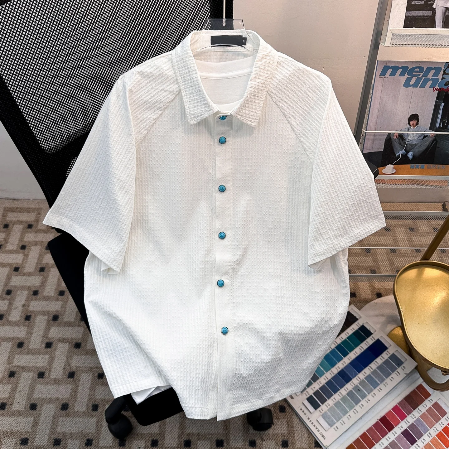 

Men's Short Sleeve Shirt Simulated Turquoise Cleanfit Texture Pleated Boxy Shoulder Straight Casual Style Summer Breathable