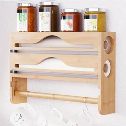Bamboo 2 Compartment Cling Film Tin Foil Cutter Box With Kitchen Paper Wall Mounted Paper Towel Organizer