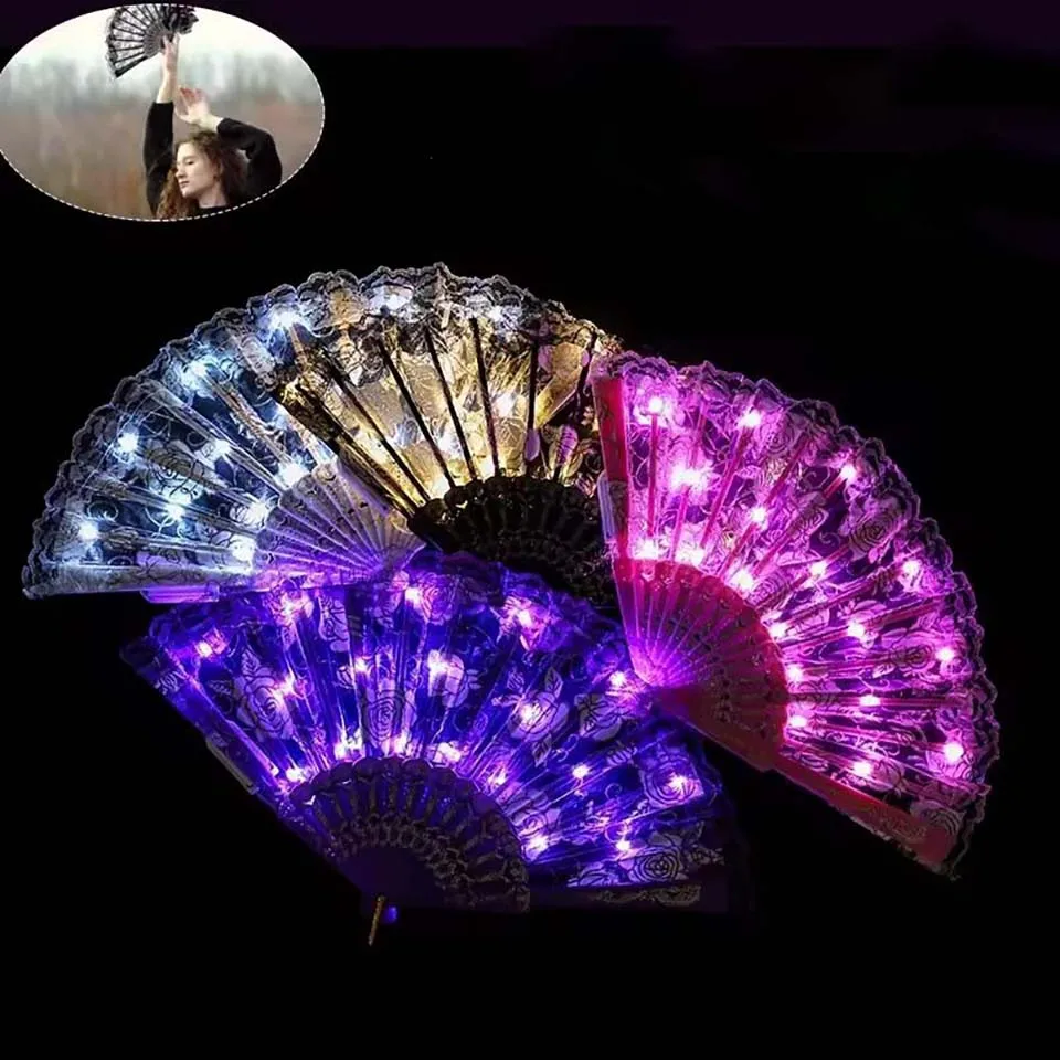 Light Up Folding Fan Lolita Dance Stage Performance Hand Fan LED Retro Dark Red Black Rose Fans Wedding Party Photograph Prop