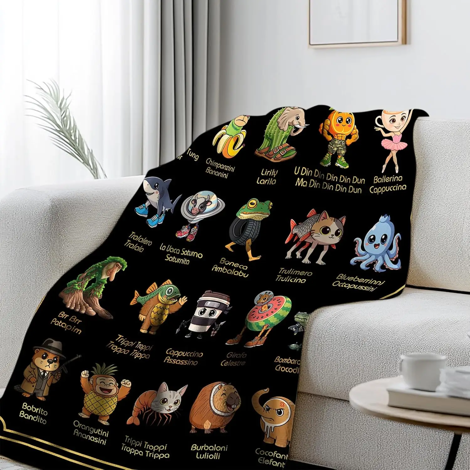 Cartoon Hybrid Creature Name Golden Frame Print Black Base Flannel Throw Blanket,Soft Warm Sofa Cover,Game Fan Bedroom Rest Gift