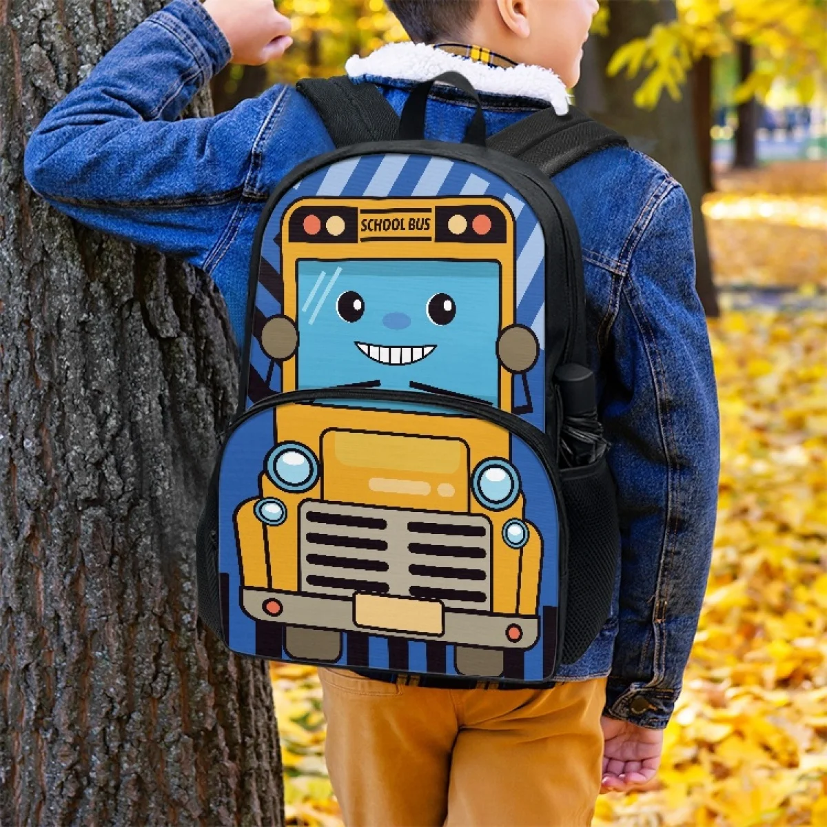 

FORUDESIGNS Primary Secondary Students Backpacks Cartoon School Bus Pattern Schoolbags Practical Variety Stationery Storage Book