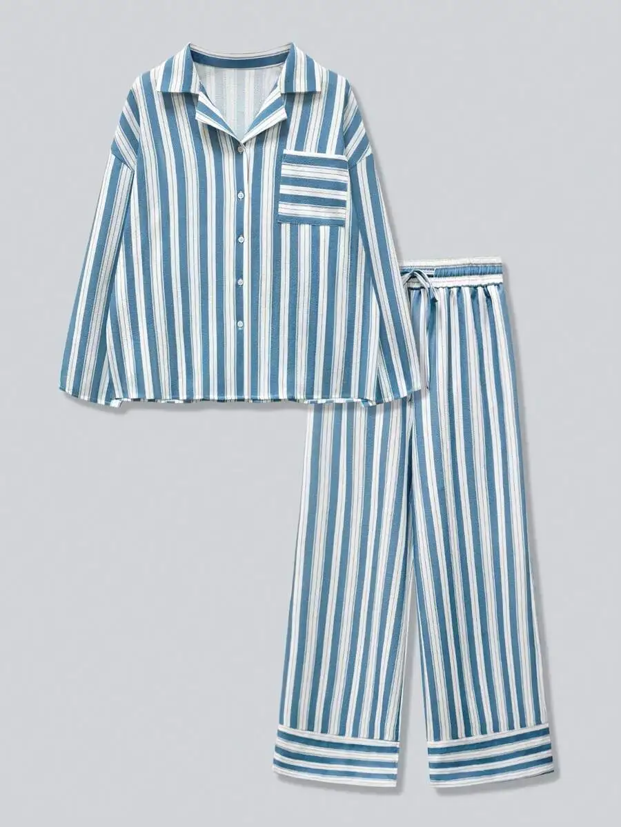 

Elegant Striped Bohemian Shirt And Pants Set For Beach Resort Street Airport Spring