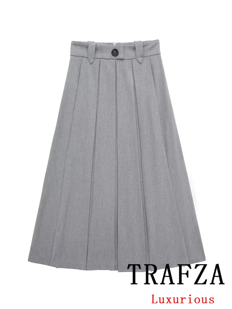 

TRAFZA Casual Vintage Chic Women Skirt Solid Gray Button Loose Long Straight Skirt Fashion 2024 Spring Office Lady Wear Skirt