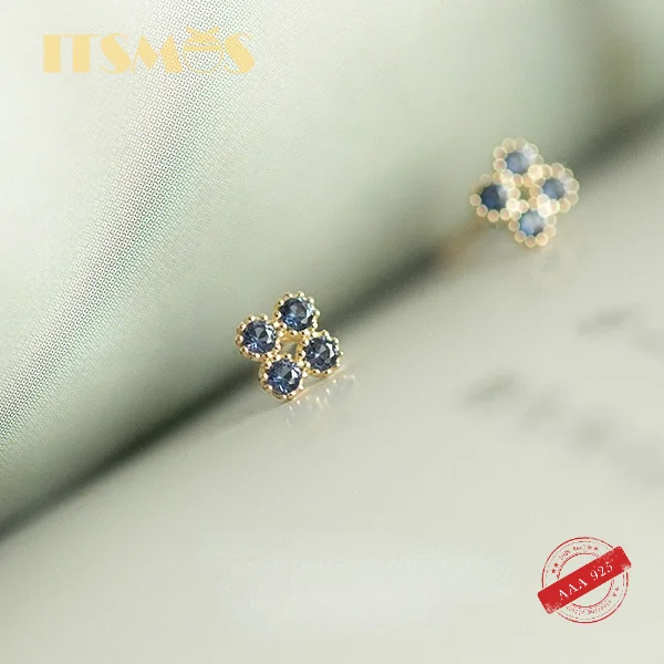 

ITSMOS Gemstone Earrings 925 Sterling Silver Blue Created Sapphire Stud Post 14k gold Pavé Mini Earrings for Women