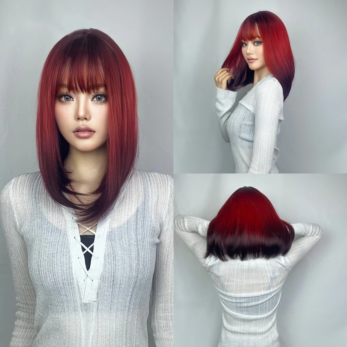 

Wig black pink gradient explosive top Paris painted red sweet cool wig full head hairstyle short hair female group