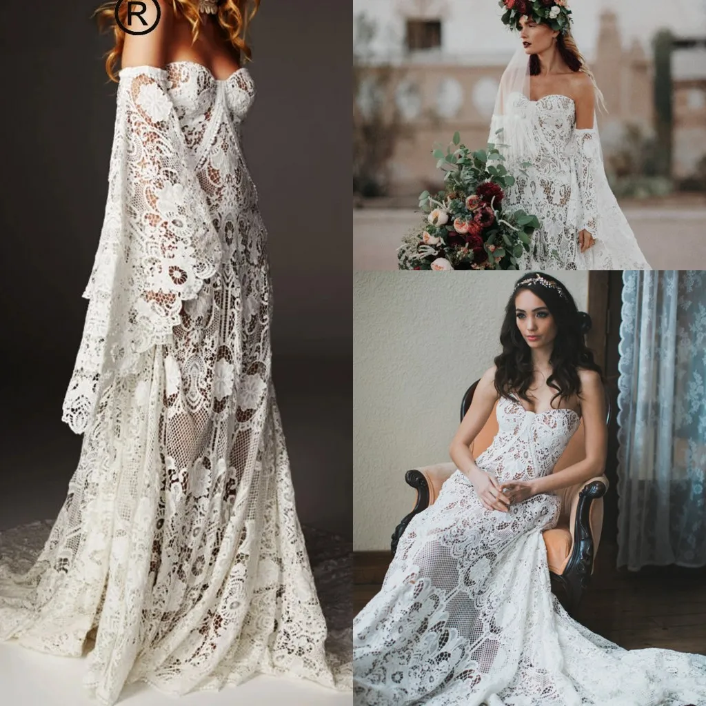 Bohemian Country Wedding Dresses Luxury Crochet Lace Beau Gown Boho Chic Hippie sweetheart Bridal Gown Bell long Sleeves