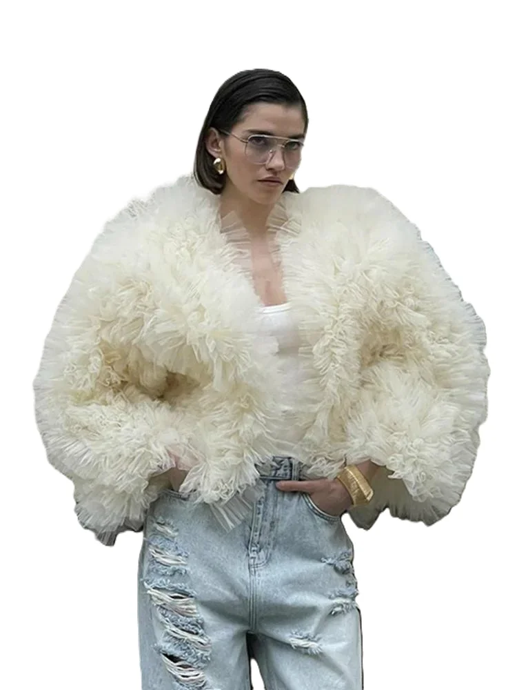 Women's Jackets Street Tulle Lace Short Coats Women Elegant Long Sleeve Fluffy Pleated Jacket Female 2024 Autumn Winter Fashion