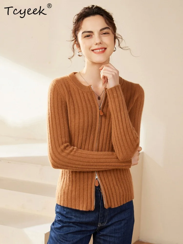 

Tcyeek, 100%Goat Cashmere Elegant Cardigans, Women Zippers Stripe, Casual Fashion Slim Sweater Coat, Autumn Winter C487120QM