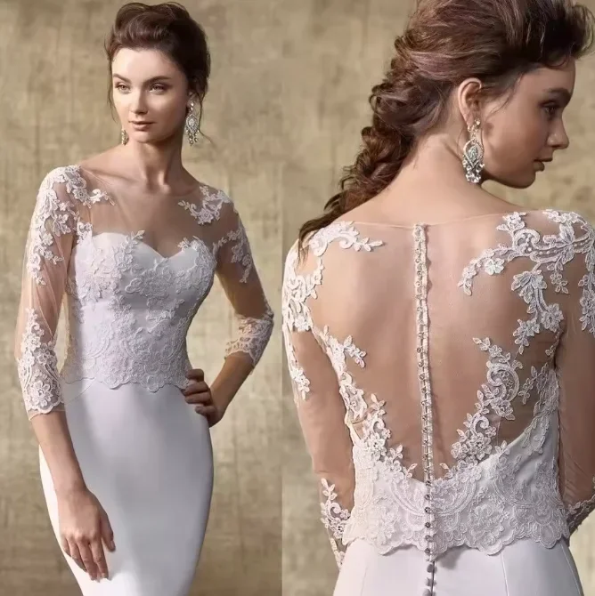 

Lace Appliques Wedding Jacket 3/4 Sleeves See Through Soft Tulle Bridal Boleros Crystal Buttons Bride Cape Shrug Women Wrap