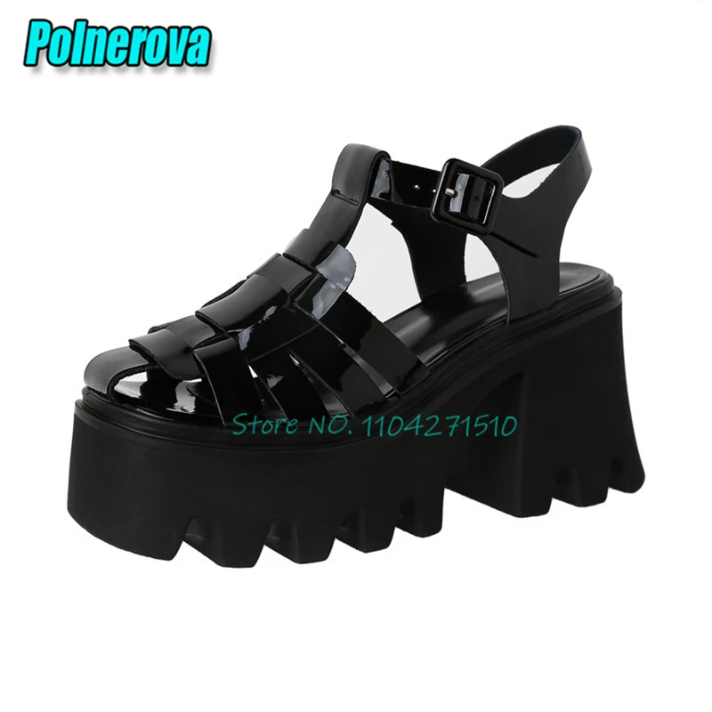 Summer Women's Platform Roman Sandals Fashion Patent Leather Round Toe Hollow Thick Soled High Heels Outdoor Casual Shoes