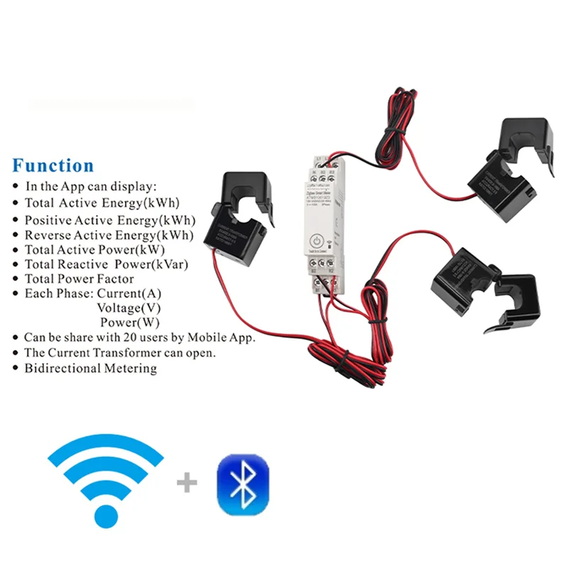 SQPP-2X Zigbee Meteran Energi Tiga Fase 100-240V Aplikasi Seluler Remote Control Meteran Energi Rel Multifungsi Rumah Tangga