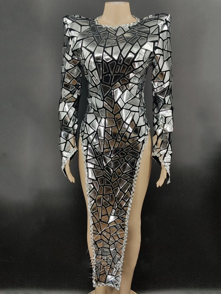 Silver Mirror Dress Long Sleeve Prom Dresses Sexy Slit Party Outfit Dj Gogo Dancer Clothes Female Singer Stage Costume