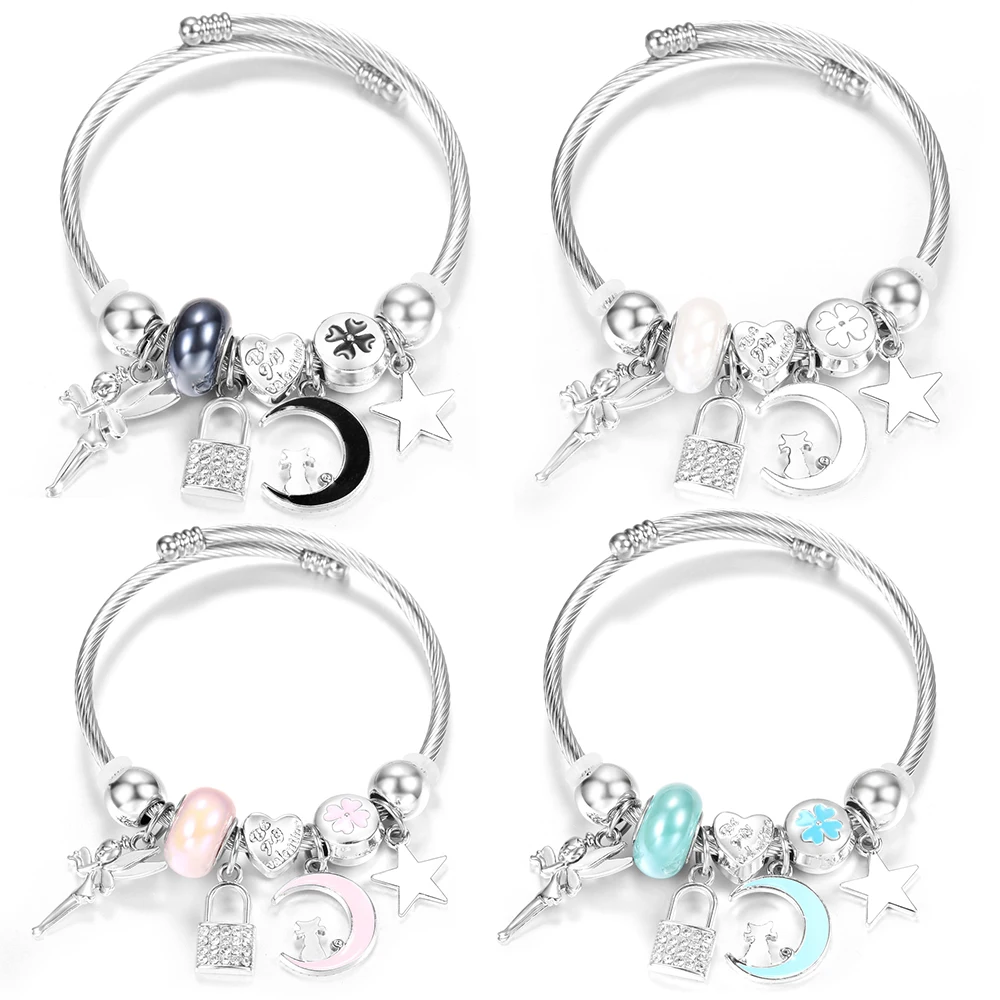 Rhinestone Lock Pendant Stainless Steel Beaded Bracelet 4 Colors Moon Cat Painted Closure Bangles Women Charm Bracelet Jewelry