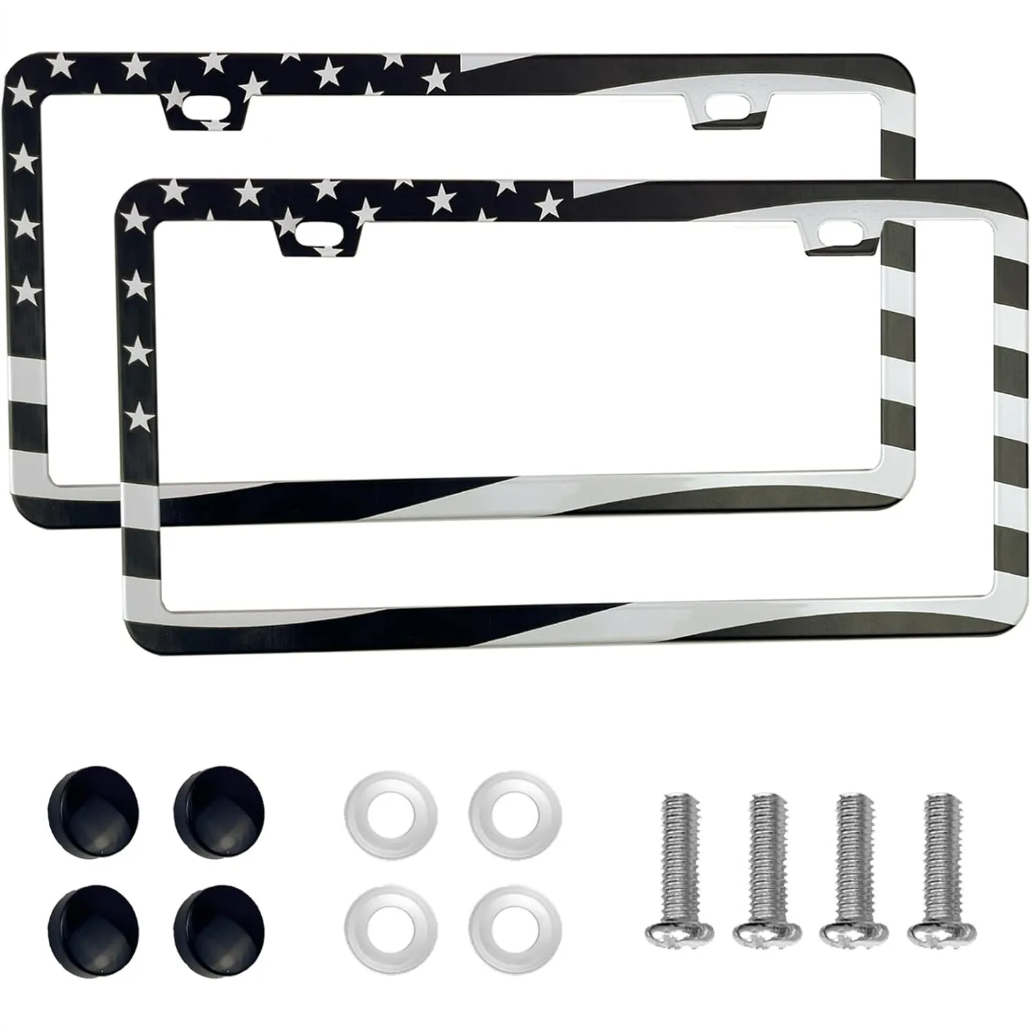 

Premium American Flag License Plate Frame, 2-Pack Black Stainless Steel License Plate Holder with No-Cover Design for Standard