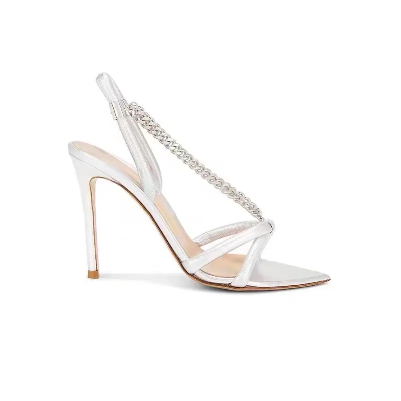 Chain Metal Knotted Women Stiletto High Thin Heel Pumps Sandals Pointed Toe Slingback Summer Party Elegant Luxury Fashion Shoes