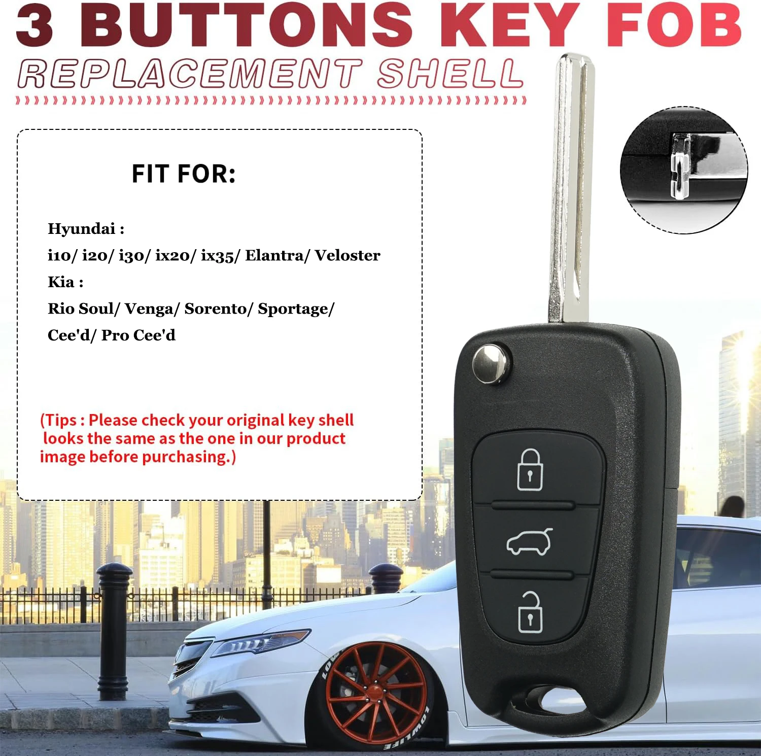 Criar ideia conjunto de capas de chave remota de 3 botões com 2 interruptores compatíveis com Hyundai I30 I20 Elantra