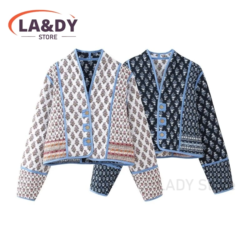 2024 New Women Vintage Loose Reversible Print Short Jacket Female Casual Long Sleeve Coats