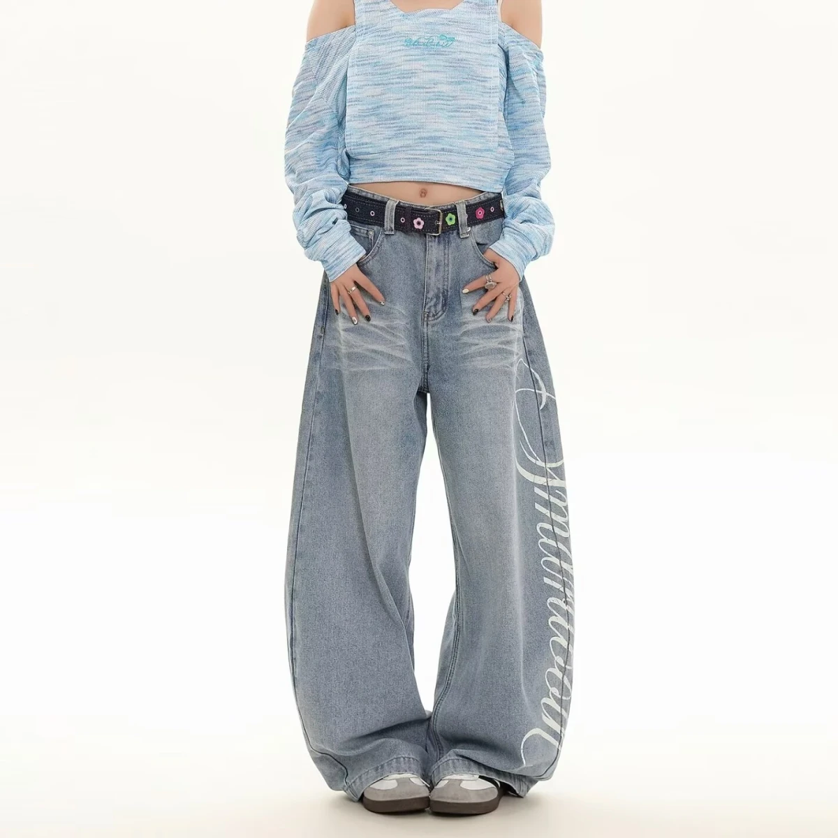 Blue Wide Leg Loose Fit Denim Jeans Women's Fashion High Waist Slimming Autumn New Style Casual Comfortable Cotton Blend