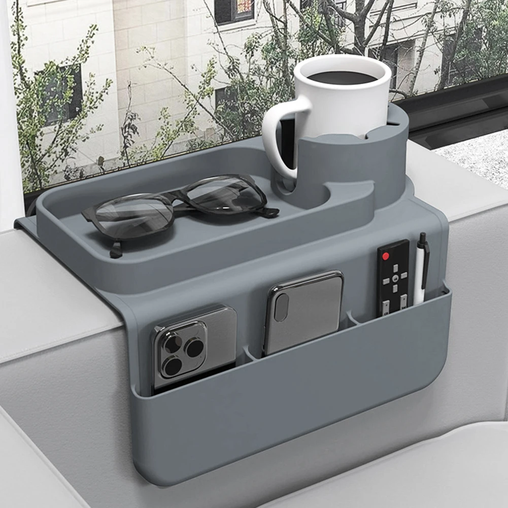 

Silicone Couch Cup Holder Tray with Side Pockets Sofa Arm Organizer Waterproof Couch Arm Caddy for Snack Drinks Spectacles
