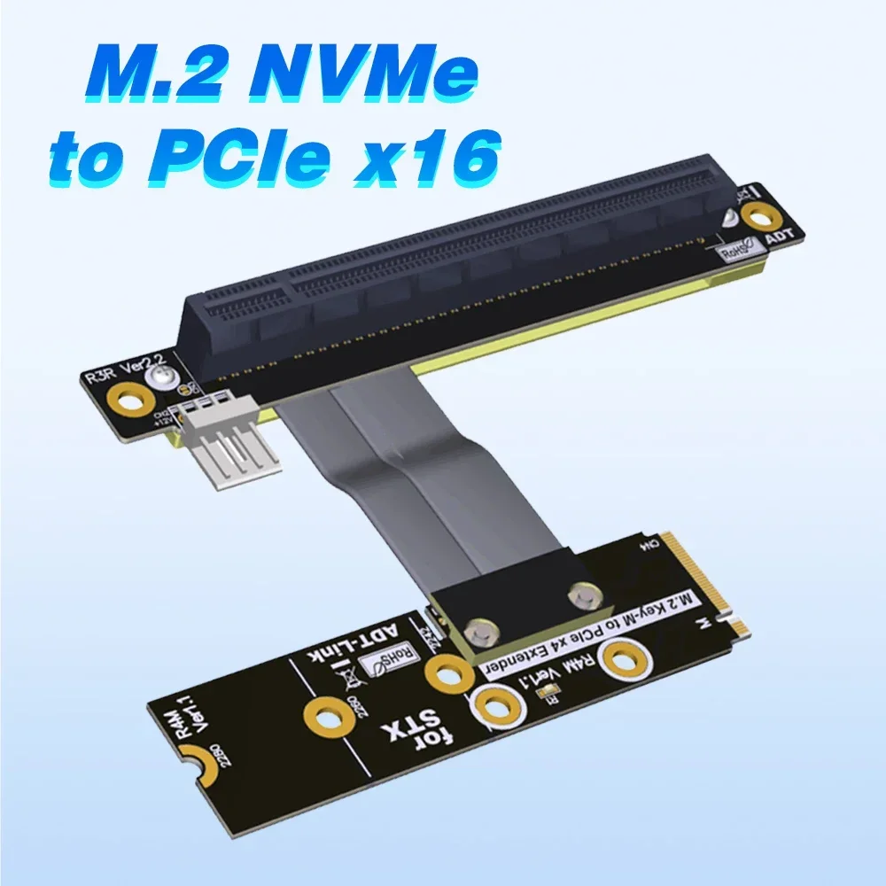 ADT-Link M.2 NVME to PCIe 3.0 x16 Riser Cable M.2 NGFF NVMe STX Motherboard Graphics Card m2 Extension M.2 to X16 Jumper Adapter