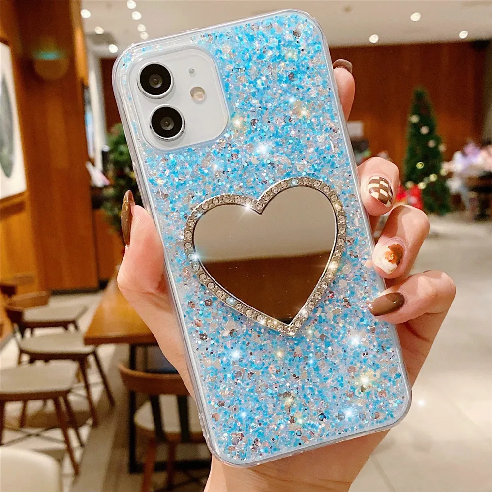 Glitter Custodia morbida per Xiaomi Redmi Note 11 Pro 11S 10 10S 9 9S 10C 11T 11Lite 5G NE POCO X3 Strass Cuore Specchio per il trucco Copertura