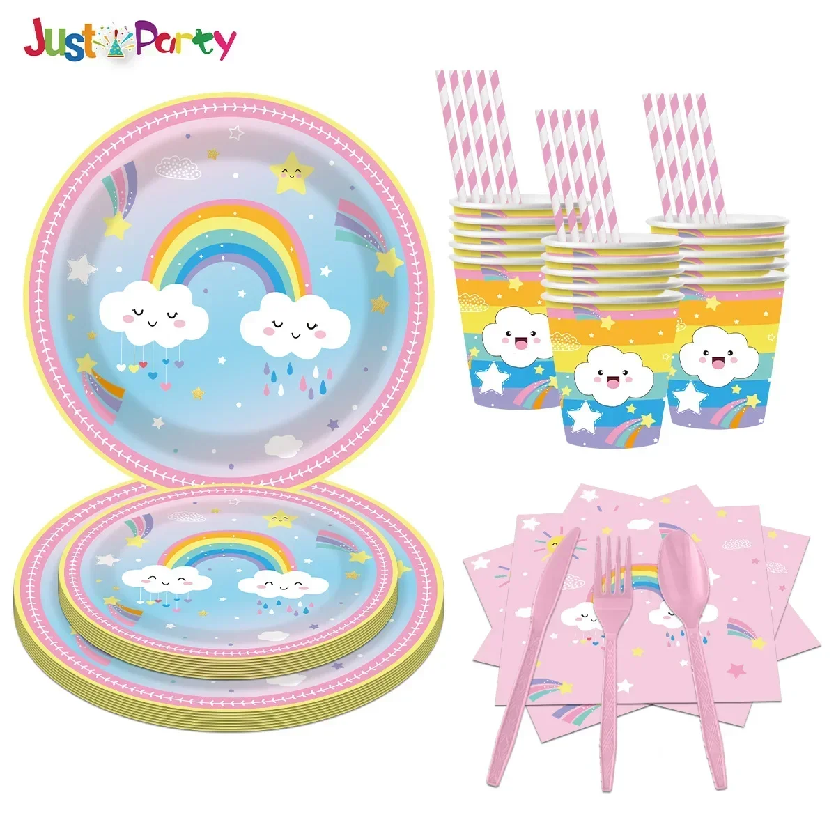 New Rainbow Party Disposable Tableware Pink Birthday Theme Decorated Paper Plates, Cups And Paper Towels Set WJ116