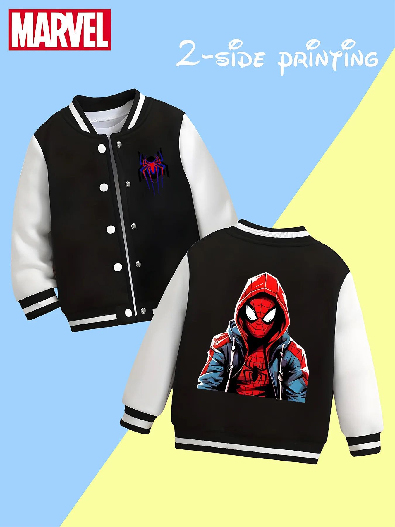 

MINISO Marvel Spider-Man hooded children's baseball jacket - trendy black and white, soft skin-friendly fabric, autumn and winte