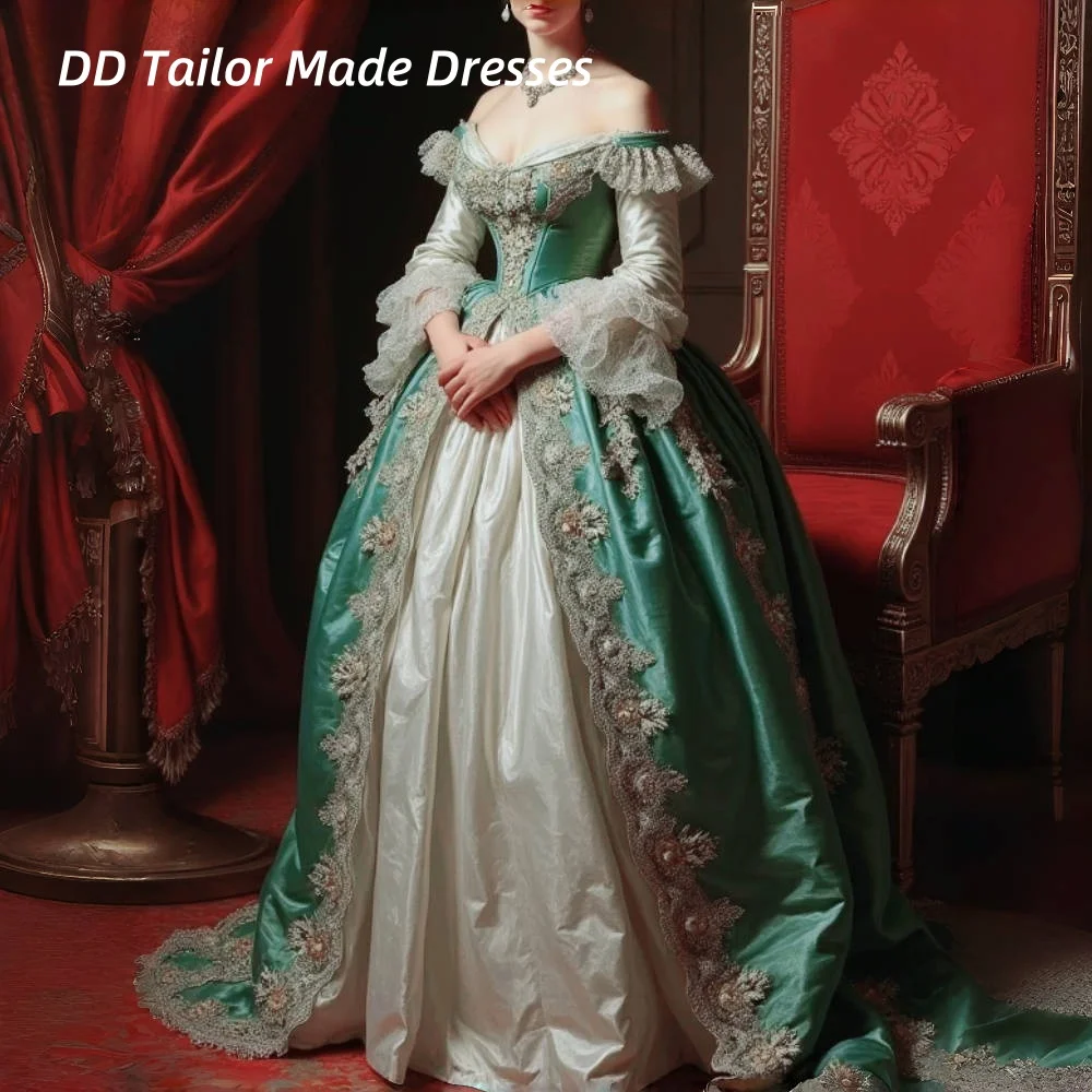 Vintage Victorian Wedding Dress Rococo Bridal Gown Off Shoulder Long Sleeves Baroque Masquerade Costume Customized