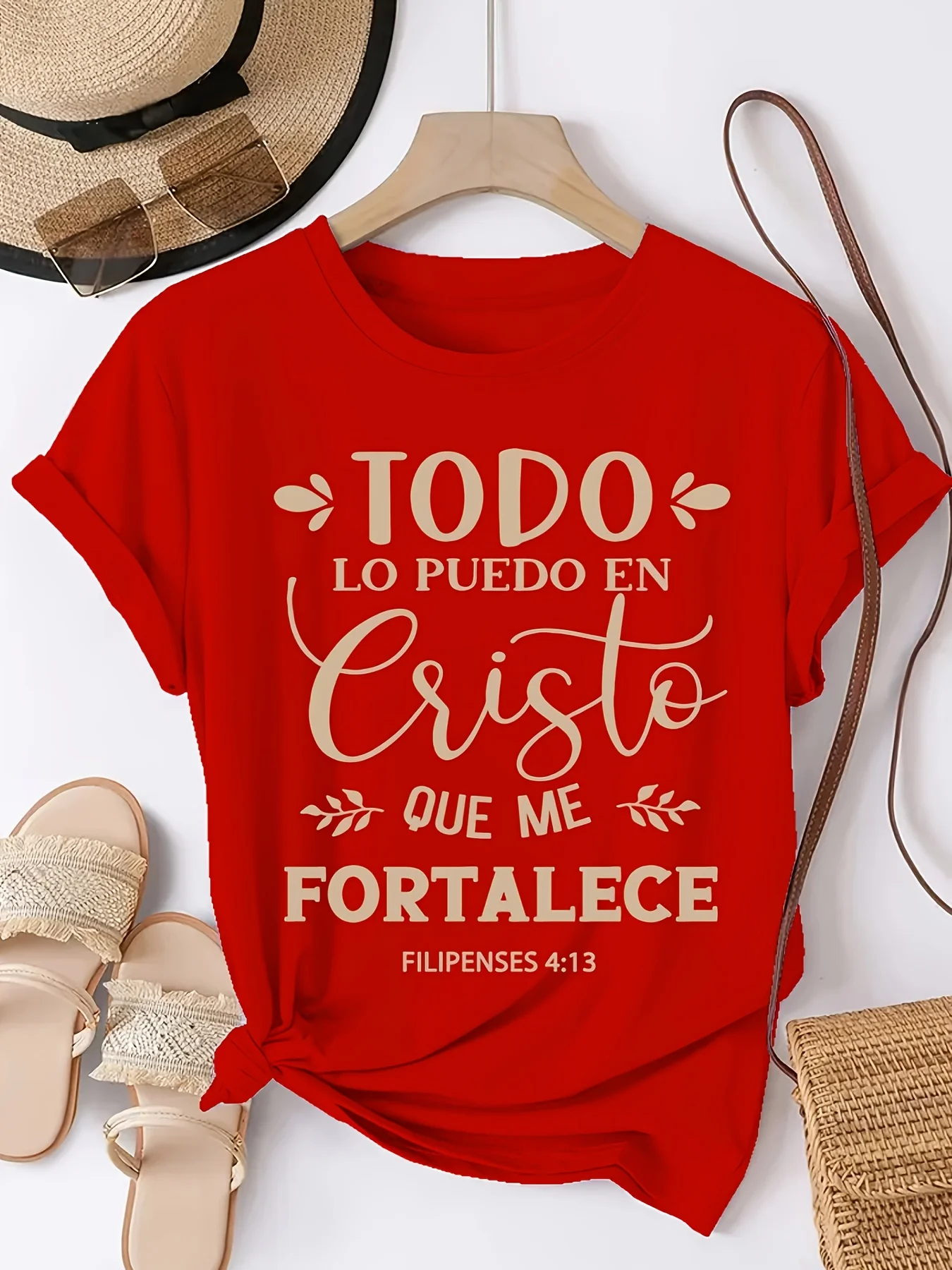 Ladies' Red Spanish Philippians 4:13 Christian T-shirt - 