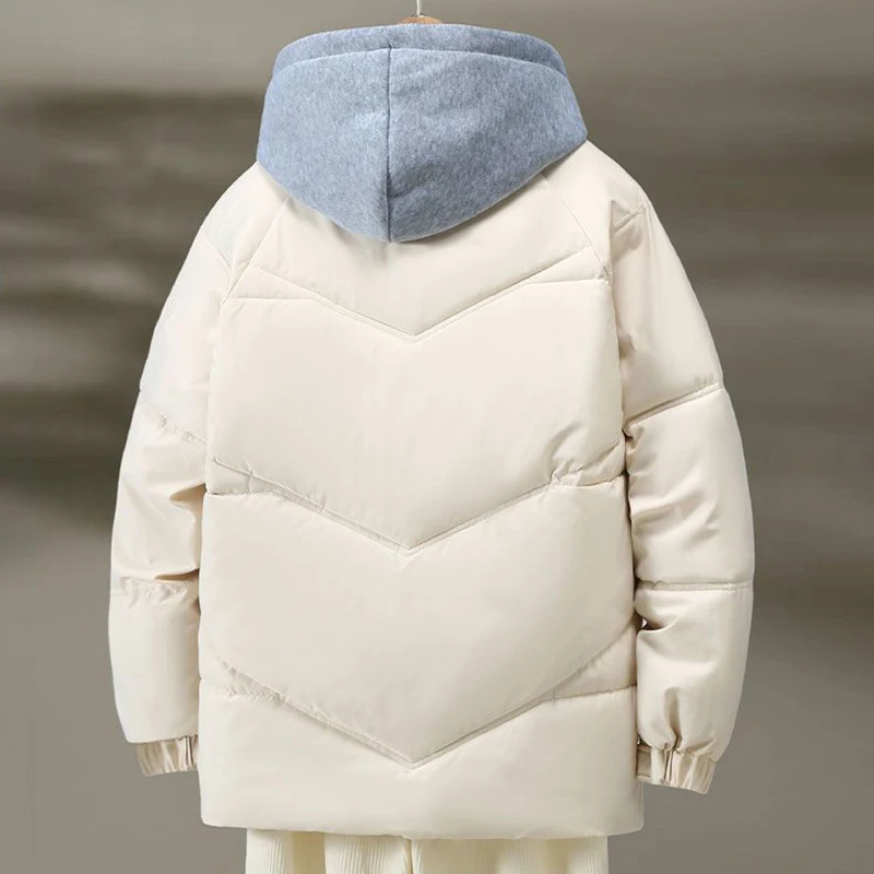 Detachable Contrast Hood Puffer Jacket Women Large Flap Pocket Letter Print Zip‑Up Thick Warm Loose‑Fit Winter Outerwea