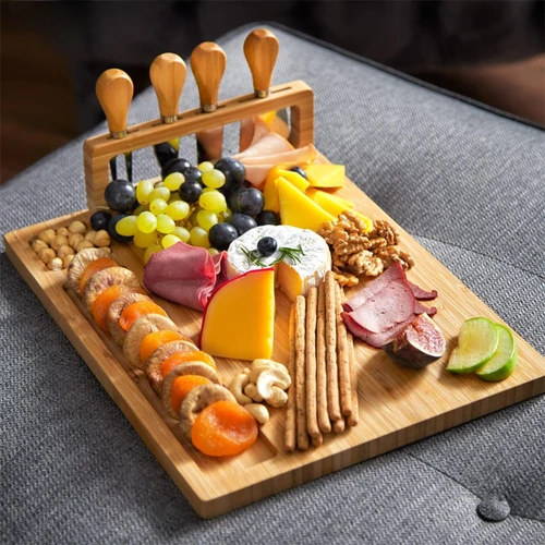 대나무 치즈 보드, 치즈 보드, 4 피스 치즈 나이프 세트, 브레드보드, 도마, 주방 도마 