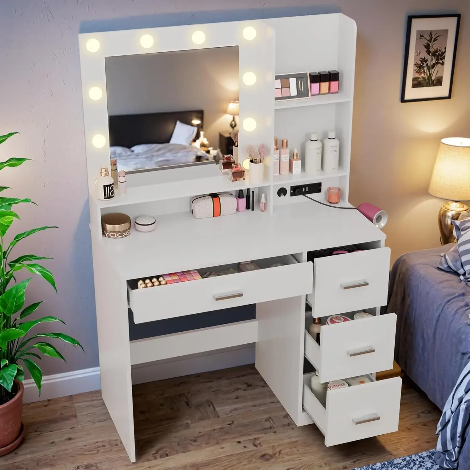 Vanity Desk with LED Lighted Mirror&Power Outlet, 39.3’’ Makeup Vanity Table with 4 Drawers and 3 Storage Shelves for Bedroom